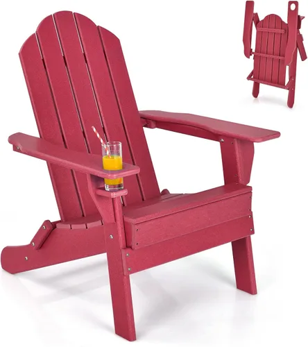 Vista 12 de Giantex Adirondack - Silla plegable para exteriores, silla de patio resistente a la intemperie de HDPE con soporte integrado para tazas, silla