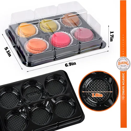 Vista 5 de Caja de macarrones con ventana transparente, paquete de 50 cajas de embalaje de macarrones de regalo con base negra para 6 macarrones, cajas