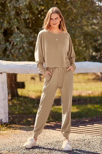 Vista 8 de PRETTYGARDEN - Conjunto de moda de 2 piezas para mujer, color liso, sudadera sin botones y de manga larga, pantalón largo