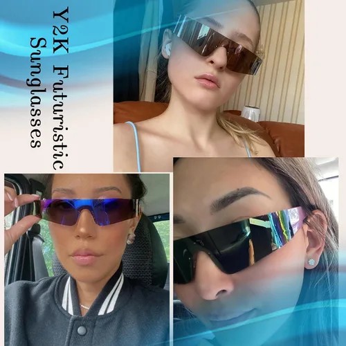 Vista 3 de Dollger Paquete de 2 lentes de sol envolventes futuristas para mujeres y hombres, moda Y2K Biker Rider Visor Shield para deportes al aire libre
