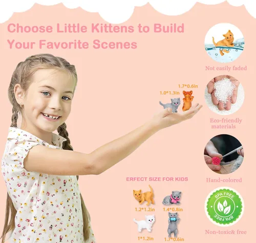 Vista 5 de SweetAce 43 piezas de juguetes de gato para niños, juego de simulación, set de juego de figuras de gato, juguete para niños pequeños, juego de rol