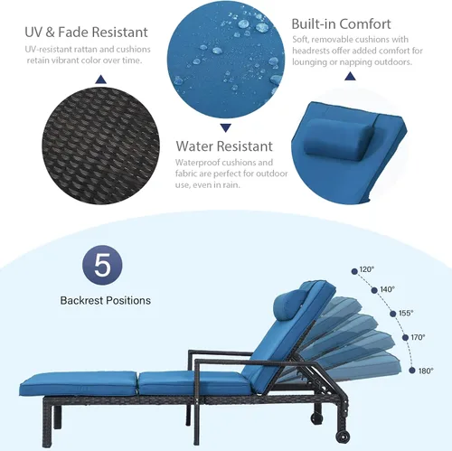Vista 6 de Patio Chaise Lounge reclinable ajustable de ratán, azul claro, 1