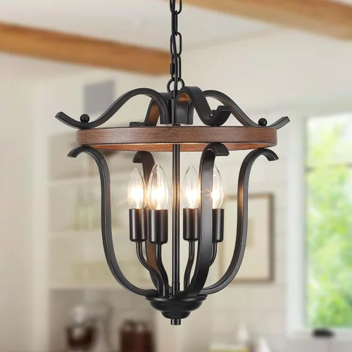 Vista 9 de Candelabro negro de granja, 4 lámparas de techo para comedor Lámpara colgante de jaula vintage para comedor, cocina, entrada, pasillo, vestíbulo