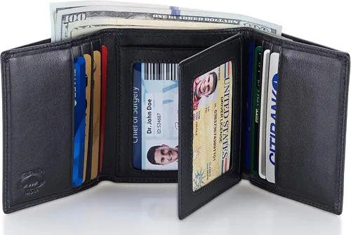 Vista 2 de Stealth Mode Cartera de cuero triple RFID para hombres con soporte de identificación abatible (negro)