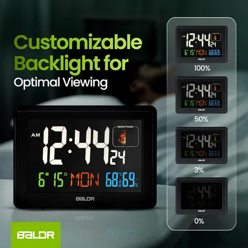 Vista 6 de BALDR Relojes Atómicos para Dormitorios Pantalla Digital Grande - Negro - Reloj de Escritorio con Temperatura Interior y Humedad, Reloj de Mesa
