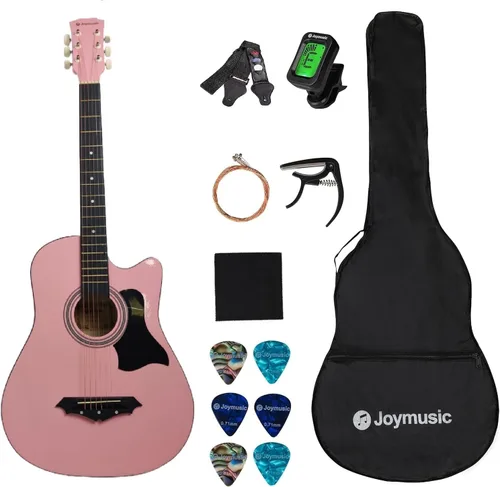 Vista 12 de Joymusic kit de guitarra acústica para principiantes de 38 pulgadas azul brillante, incluye estuche, correa con portapúas, afinador digital, juego
