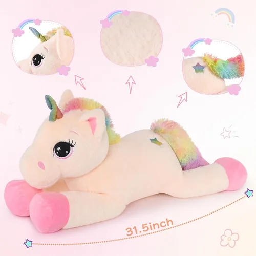 Vista 5 de Tezituor Juguetes de unicornio de peluche de 32 pulgadas, animales de unicornio gigante beige de peluche, encantadoras decoraciones de peluche