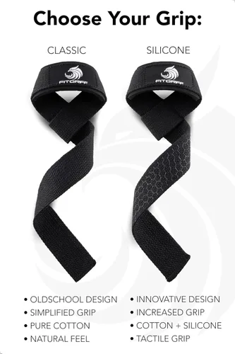 Vista 5 de Fitgriff® Correas de muñeca para levantamiento de pesas, gimnasio, peso muerto, entrenamiento (hechas de algodón premium y acolchadas) - Hombres