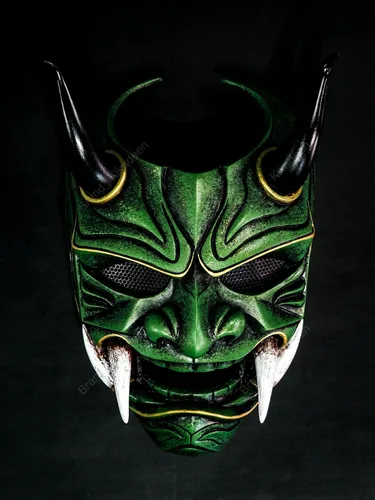 Vista 2 de Oni Samurai Airsoft máscara de Halloween disfraz de guerrero ninja malvado demonio asesino Cosplay película utilería verde V2 KK105