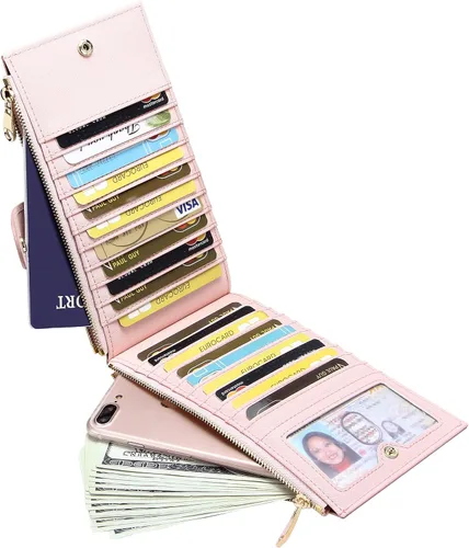 Vista 5 de Badiya Cartera para mujer, con bloqueo RFID, plegable, multitarjetero, gran capacidad, monedero para teléfono celular, con bolsillo con cremallera