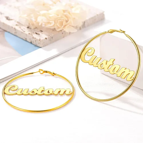 Vista 8 de FOCALOOK 18K Gold Plated Lightweight Thin Hoops Custom Name Hoop Huggie Earrings for Women 30405070100mm
