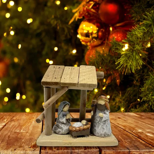 Vista 2 de Estatua de belén de Navidad, adorno de mesa, delicado, coleccionable, decoración navideña, escultura de resina de madera para estante del hogar