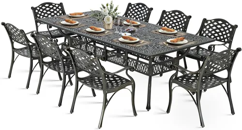 Vista 21 de VIVIJASON Juego de comedor al aire libre de 9 piezas, juego de mesa y sillas de patio de aluminio fundido para 8, incluye mesa rectangular de 94.5