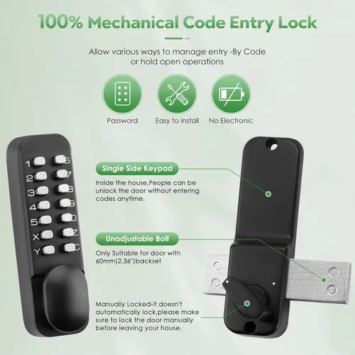 Vista 4 de Cerradura de perilla de puerta de entrada con teclado mecánico sin llave con perno, combinación de código de acceso de un solo lado, cerradura