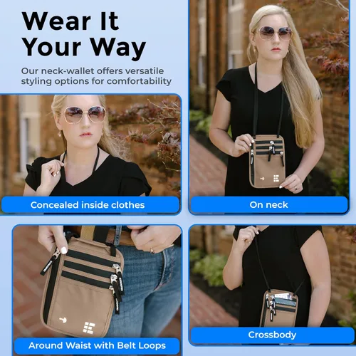 Vista 6 de Cartera para el cuello para viajes y pasaporte con bloqueo RFID, delgada y fácil de ocultar, bolsa de viaje de nailon para hombres y mujeres