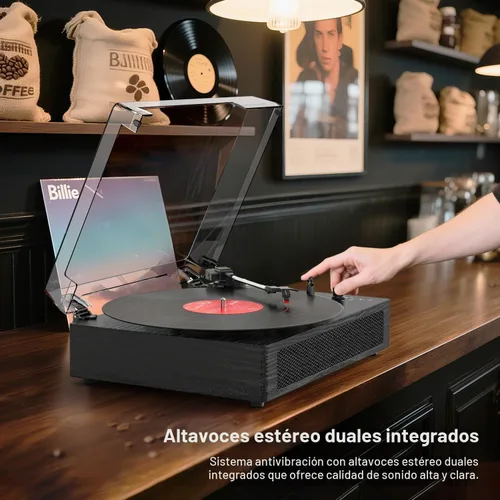 Vista 3 de Tocadiscos de vinilo Bluetooth con altavoces estéreo incorporados, transmisión por correa, tocadiscos de 3 velocidades para discos de vinilo