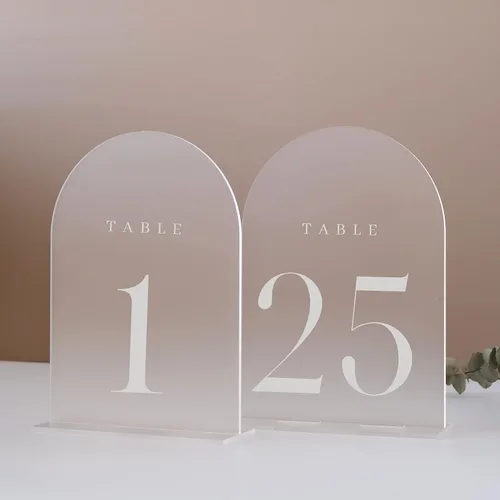Vista 17 de Números de mesa de arco esmerilado para recepción de boda, paquete de 10 piezas de 5x7" Signos acrílicos de arco esmerilado con soporte, números