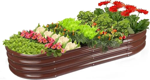 Vista 9 de Rakukiri Jardinera elevada con certificación GRS galvanizada para exteriores, maceta ovalada de metal resistente a la putrefacción de 5 pies, maceta