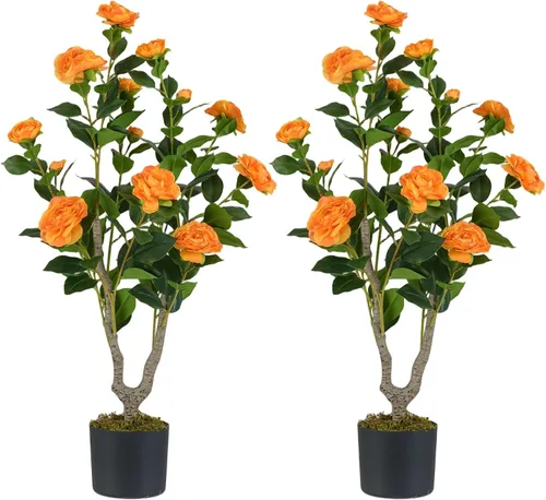 Vista 19 de Árbol de camelia artificial de 36 pulgadas con flores falsas Naranja