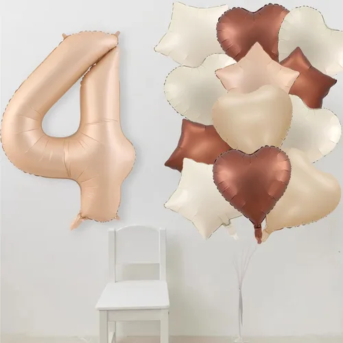 Vista 4 de Globos de 40 pulgadas con el número 4, 19 globos grandes de aluminio con número de helio con globos de corazón neutros color crema caramelo, beige