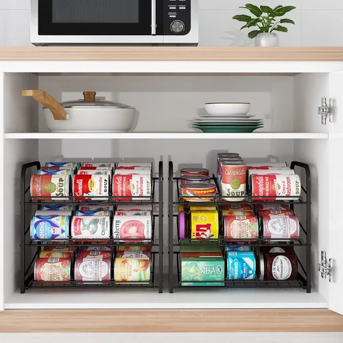 Vista 6 de Organizador de estantes para latas, dispensador apilable de 3 niveles para almacenamiento de latas, para almacenamiento de alimentos, cocina o Negro