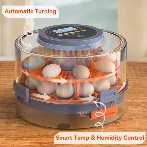 Vista 8 de Incubadora de huevos para incubar 18 huevos con giro automático, sensor de humedad, 5 modos preestablecidos, tapa transparente para observación