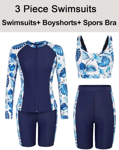 Vista 5 de JACK SMITH Traje de baño de 3 piezas de manga larga con cremallera frontal, tankini UPF 50 para mujer