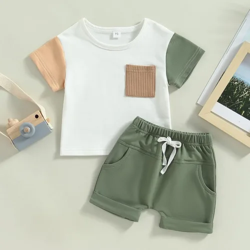Vista 9 de Ynibbim Conjunto de 2 piezas de ropa de verano para niños pequeños con estampado de letras y pantalones cortos elásticos