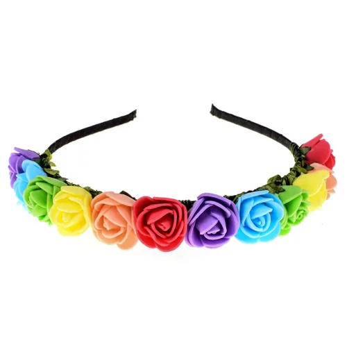 Vista 4 de Corona floral BOHO con diadema de rosas para el cabello (rojo oscuro)