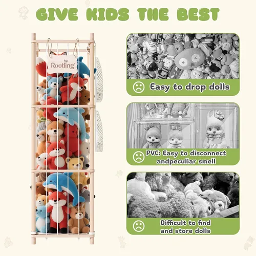 Vista 6 de Almacenamiento y organizador de animales de peluche, soporte de madera de 54 pulgadas de alto para juguetes de zoológico con bolsa de almacenamiento