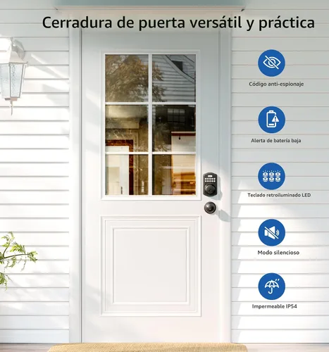Vista 4 de Veise Cerradura de puerta de entrada sin llave con 2 perillas, cerrojo electrónico retroiluminado con asa, bloqueo automático, códigos únicos, Negro
