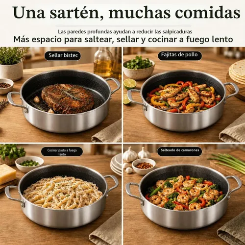 Vista 8 de DELARLO Sartén de tres capas de acero inoxidable de 10 pulgadas Sartén de freír profunda de 3QT con tapa Sartén de saltear con tapa Compatible