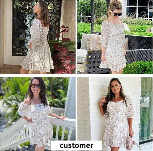 Vista 3 de EXLURA - Vestido corto de verano para mujer vestido con estampado floral diseño escalonado con volantes cuello cuadrado manga larga y hombros
