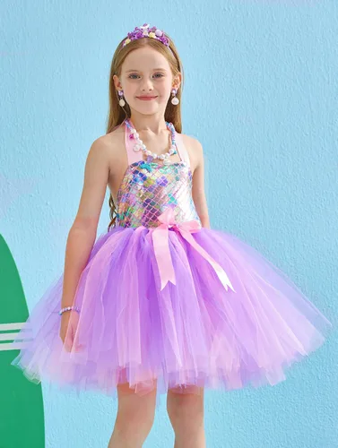 Vista 2 de Tutu Dreams Mermaid Dress for Girls with Crown Birthday Halloween Party Gifts Dress Up Clothes