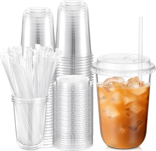 Vista 9 de Ziliny 50 juegos de vasos de plástico transparente con tapas y pajitas, vasos desechables para café helado a granel PET para vino, cóctel, batido