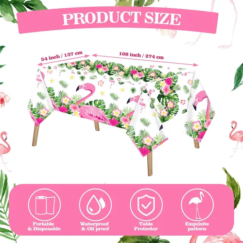 Vista 2 de Preboun 3 manteles de verano con diseño de flamenco para fiestas, mantel de plástico tropical hawaiano, 54 x 108 pulgadas, decoración de mesa rosa
