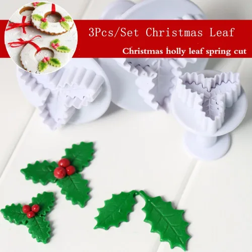 Vista 8 de KALAIEN 3 unids Holly Leaf Plunger Cutter Fondant Hornear Herramientas Cake Cookie Sugarcraft Decoración Molde