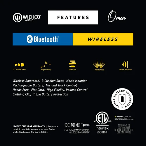 Vista 7 de Wicked Audio Omen Wireless - Auriculares Bluetooth con micrófono y control de pista, auriculares inalámbricos, aislamiento de ruido, auriculares