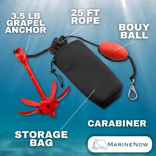 Vista 4 de MarineNow Kit de anclaje de grapnel de 3.5 lb – Anclaje plegable con cuerda de grado marino de 25 pies, boya, gancho a presión y bolsa