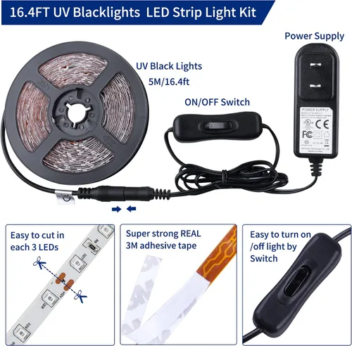 Vista 6 de Tira de luces negras de 20 pies, 360 LED, tira de luces LED, luces de cinta, accesorios de luz negra morada flexible de 12 V, cinta LED