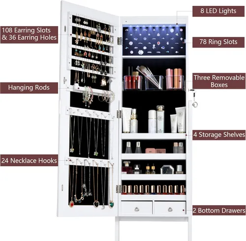 Vista 3 de LVSOMT 8 LED Organizador de joyas con espejo de cuerpo completo, armario de almacenamiento montado en la paredpuerta joyero con cerradura con 2