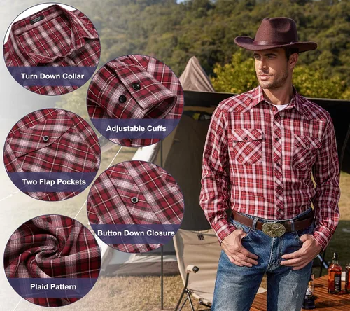 Vista 5 de COOFANDY Camisas vaqueras occidentales para hombre, de manga larga, casual, con botones, con bolsillos