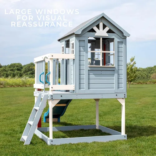 Vista 4 de Backyard Discovery Beacon Heights - Casa de juegos elevada de madera de cedro para niños con tobogán ondulado, cocina de juegos, cubierta