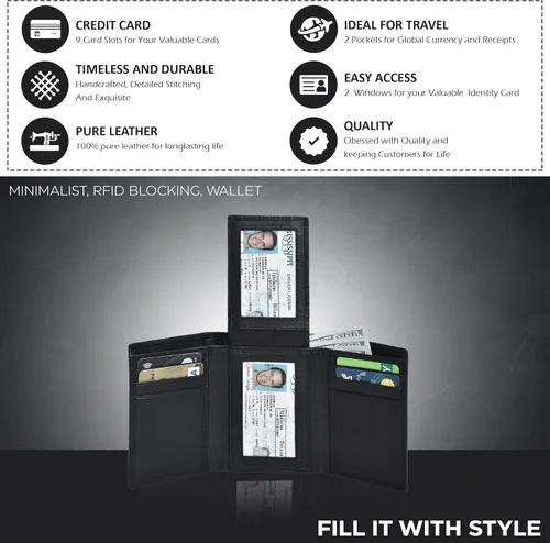 Vista 2 de Billetera triple de cuero real para hombres - Carteras RFID delgadas 9 tarjetas de crédito titular 2 compartimentos de identificación regalo