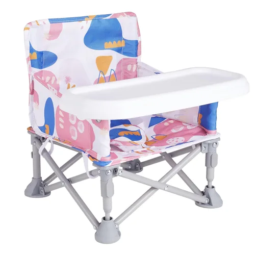 Vista 9 de Silla de bebé portátil, asiento elevador plegable con bandeja para mesa de comedor, silla de camping compacta para césped, playa, viajes, bebés de 6