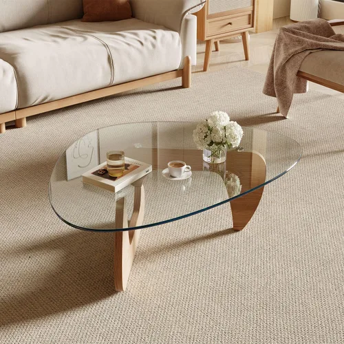 Vista 3 de Mesa auxiliar moderna para sala de estar y espacios pequeños, 35.6 x 25.4 x 15.8 pulgadas, mesa triangular de vidrio templado y base de madera