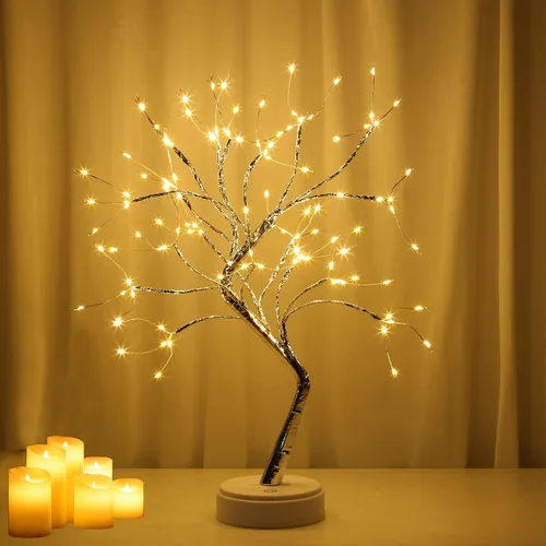 Vista 8 de Lxcom Lighting Luces LED de rama, 108 LED, ramas de árbol de alambre de cobre plateado, árbol de mesa LED bonsái, funciona con pilas, con Blanco