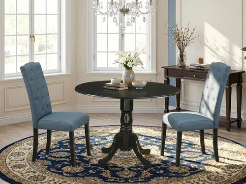 Vista 2 de East West Furniture DLCE3-BLK-21 - Juego de mesa de comedor de 3 piezas que contiene una mesa de comedor redonda con gotas y 2 sillas tapizadas