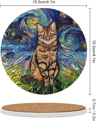 Vista 2 de Van Gogh - Juego de 4 posavasos abstractos de cerámica de diatomita absorbentes con base de corcho, protección de mesa, adecuados para mesas de Gato