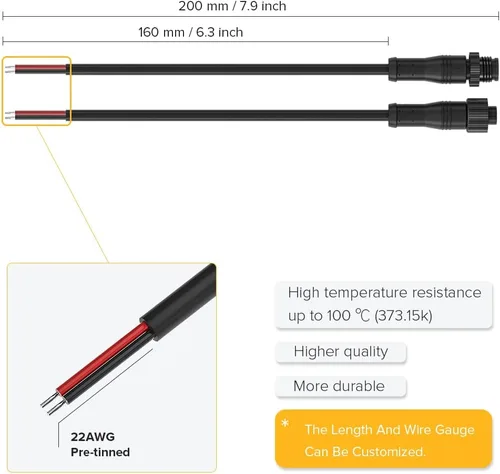 Vista 5 de BTF-LIGHTING Conector eléctrico de tuerca metálica de 2 pines, 18 AWG IP68, conector hembra macho de 7.87 pulgadas/7.9 in, cable de extensión